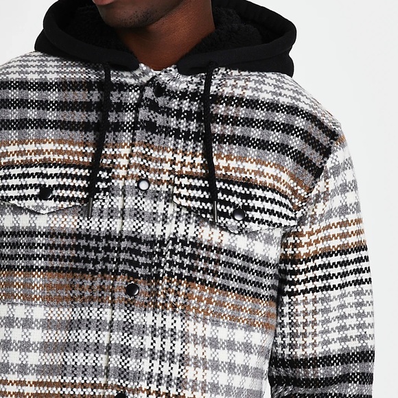 River Island Stone Check Print Long Sleeve Shacket with hood - Picture 3 of 5